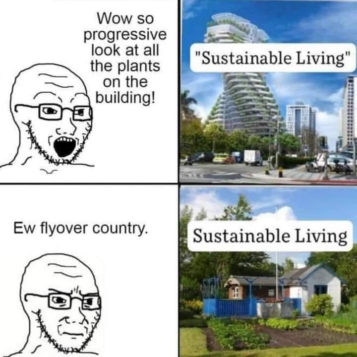 This meme is a humorous commentary on the idea of "sustainable living" in a hyper-ironic and satirical way. The first panel shows a person marveling at the plants on a building, with the text "Wow, so progressive!" The second panel shows a person looking at a small house in a garden, with the text "Ew, flyover country." The meme is poking fun at the idea that "sustainable living" is often associated with high-end, modern, and luxurious buildings, while "sustainable living" in a small, rural, or "flyover" area is often seen as a less-appearing, less-pleasing, and less-pleasant place.